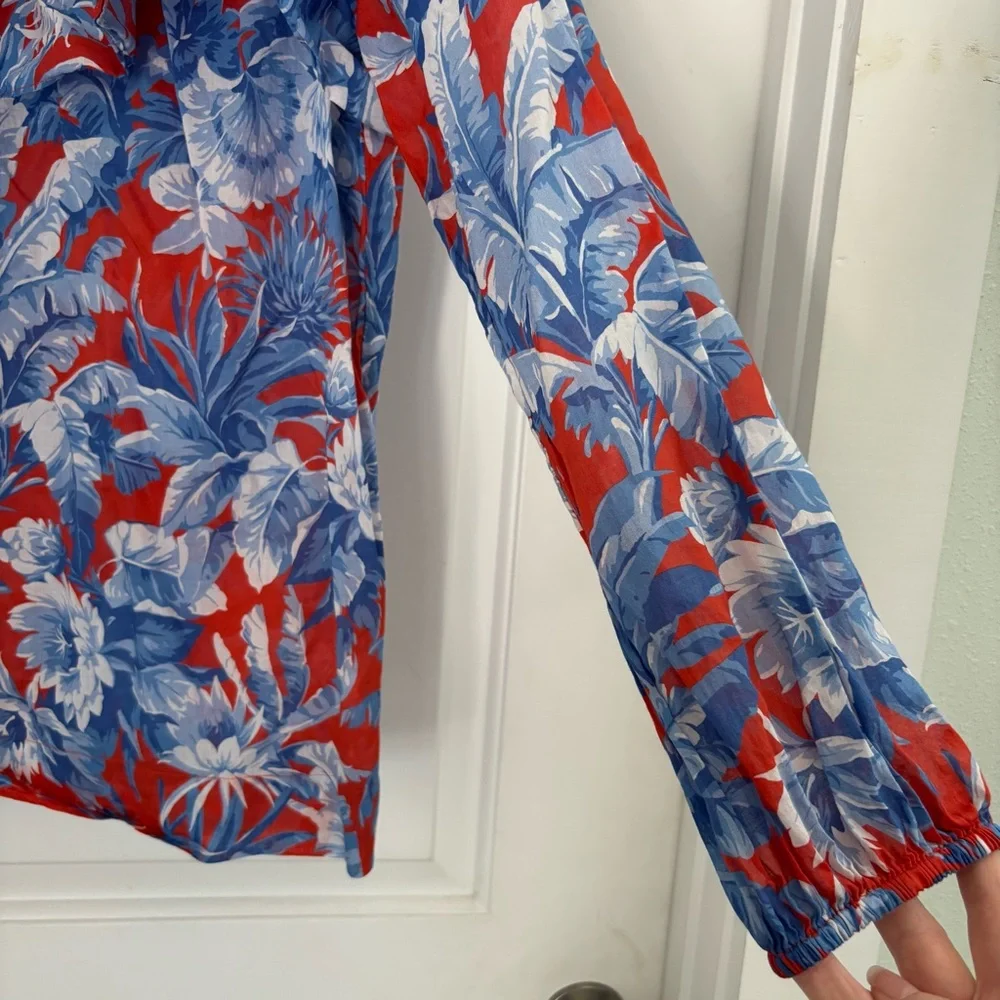 J. Crew Red and Blue Flowers Pullover Ruffle Boho Blouse Long Sleeves